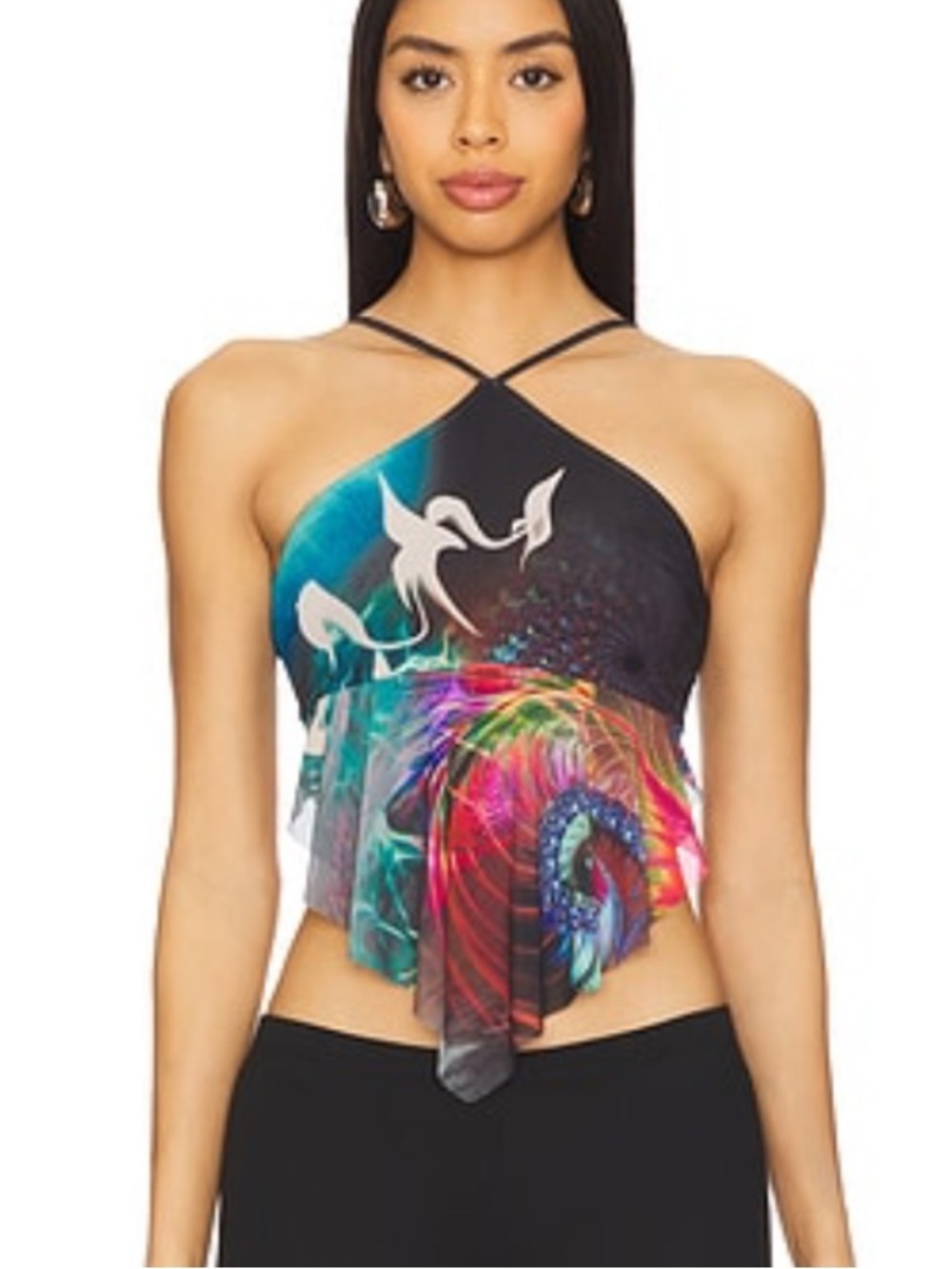 AFRM Ina Top Water Abstract Multicolor Printed Halter Crop blouse mesh Revolve M